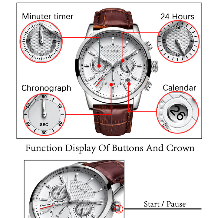 Watches Mens 2022 LIGE Top Brand Luxury Casual Leather Quartz Men's Watch Business Clock Male Sport Date Chronograph