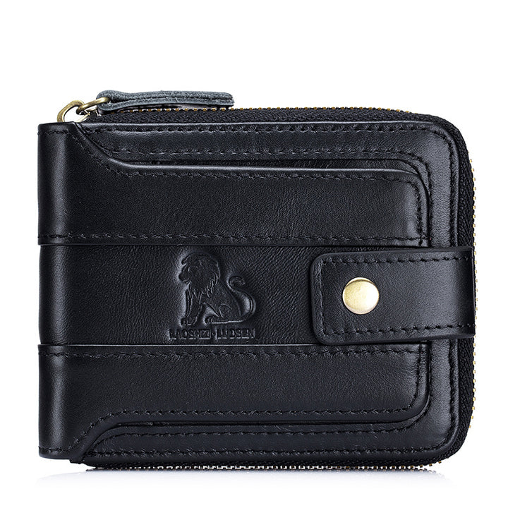 Men's Retro Genuine Leather Multi-Card Wallet with Zip, Large Capacity, Anti-Theft