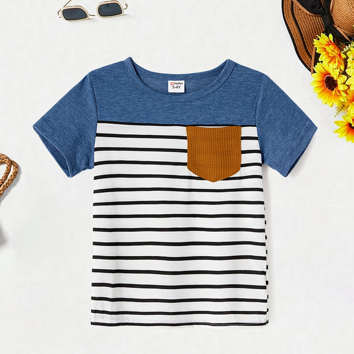 PatPat Family Matching Blue Cap-sleeve Belted Midi Dresses And Short-sleeve Striped Spliced T-shirts Sets, Men Women Baby Kid's Clothes For Family Activities