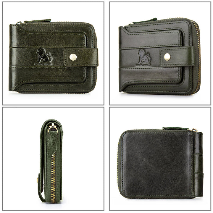 Men's Retro Genuine Leather Multi-Card Wallet with Zip, Large Capacity, Anti-Theft