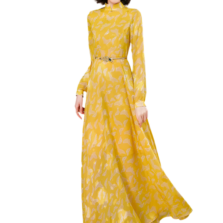 Jacquard Runway Dress Party Evening Long Sleeve Vintage Floral Yellow Long Dress Zipper Photography Occasion
