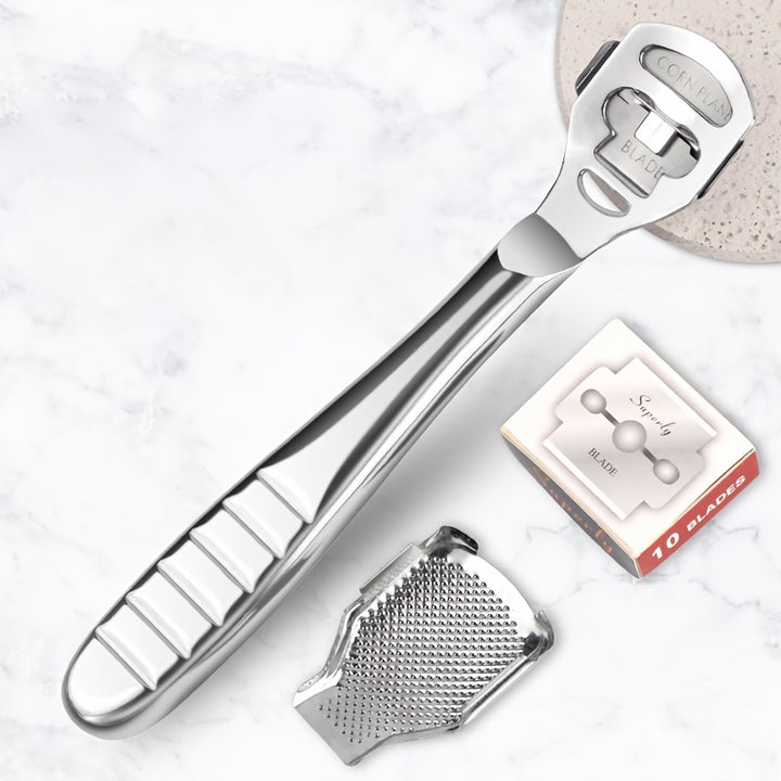 ZIMAPA Stainless Steel Foot File Set, Professional Pedicure Callus Remover with 10 Replacement Heads, Unscented Hard Skin Scraper for Smooth Feet