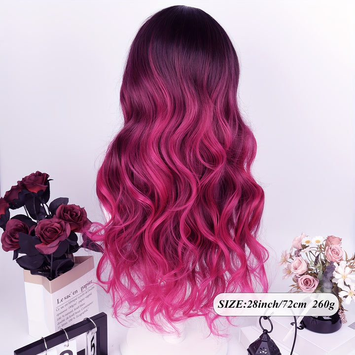 28" Heat Resistant Synthetic Hair Long Wavy Wig with Air Bangs - 150% Density Rose Net Cap for Women, Elegant Curly Wave Style for Parties, Christmas & Casual Attire, Everyday Wig | Chic Appearance | Synthetic Hair Wig, Wig A