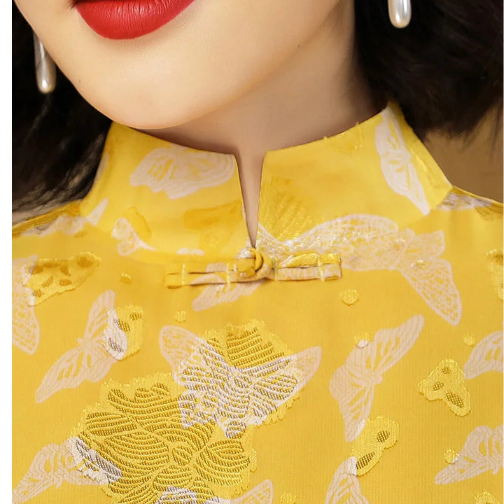 Jacquard Runway Dress Party Evening Long Sleeve Vintage Floral Yellow Long Dress Zipper Photography Occasion