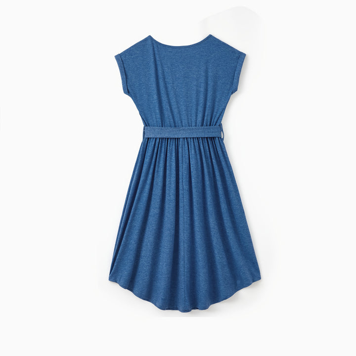 PatPat Family Matching Blue Cap-sleeve Belted Midi Dresses And Short-sleeve Striped Spliced T-shirts Sets, Men Women Baby Kid's Clothes For Family Activities