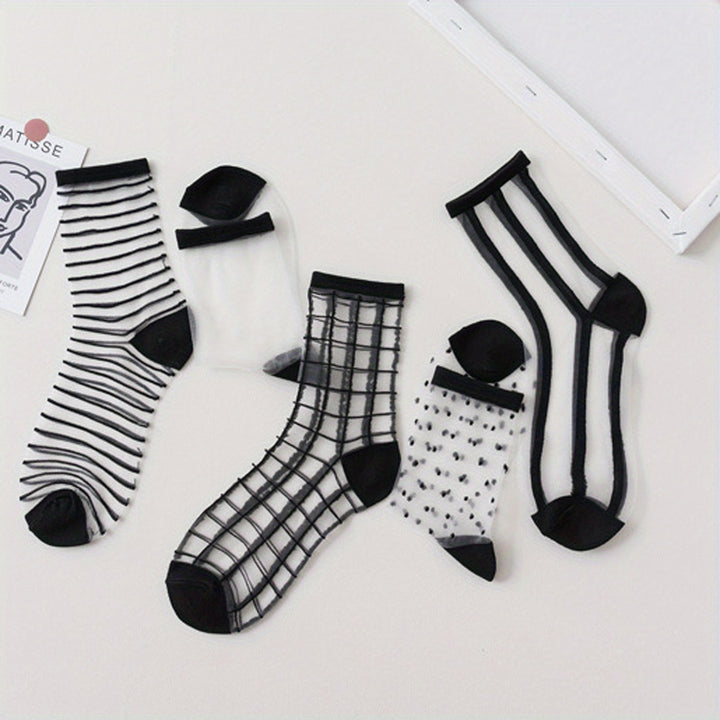 5 Pairs Lace Semi-Sheer Crew Socks, Cute & Comfortable Mesh Stockings, Women's Socks & Hosiery