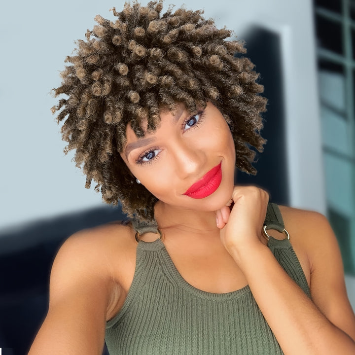 Afro Curly Faux Locs Wig, Glueless Synthetic Short Dreadlock Hairpiece, 150% Density, Rose Cap, for Women and Men, All Ethnicities, High-Temperature Fiber, Basic Style
