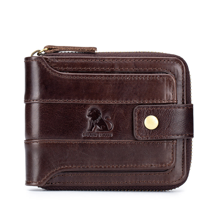 Men's Retro Genuine Leather Multi-Card Wallet with Zip, Large Capacity, Anti-Theft