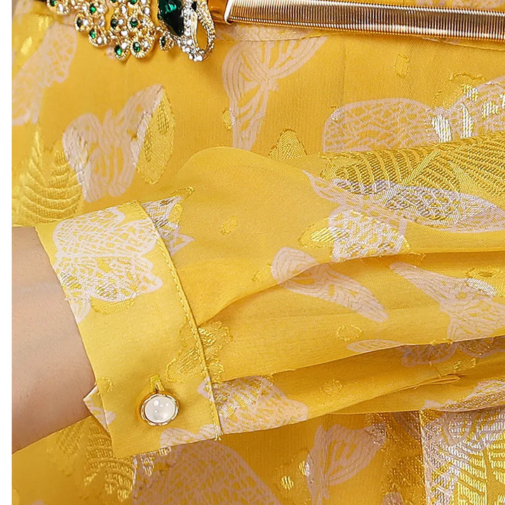 Jacquard Runway Dress Party Evening Long Sleeve Vintage Floral Yellow Long Dress Zipper Photography Occasion