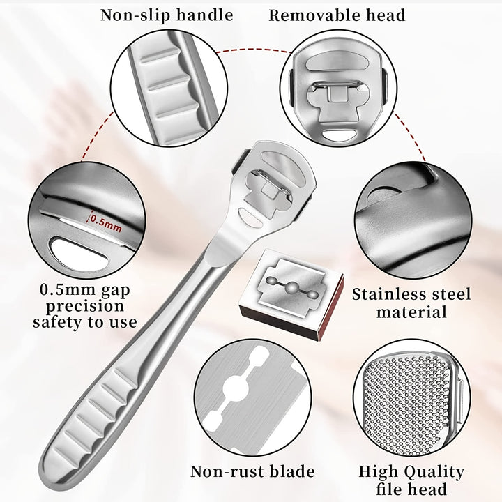 ZIMAPA Stainless Steel Foot File Set, Professional Pedicure Callus Remover with 10 Replacement Heads, Unscented Hard Skin Scraper for Smooth Feet