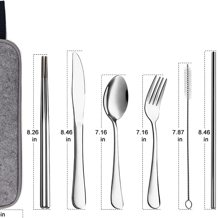 Portable Utensils, Travel Camping Cutlery Set, 8pcs including Knife Fork Spoon Chopsticks Cleaning Brush Straws Portable Case, Stainless Steel Flatware set