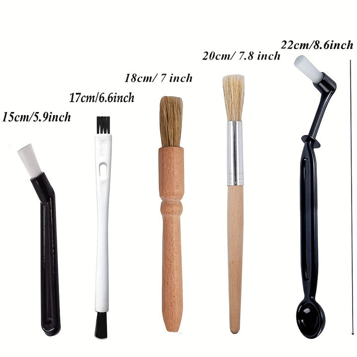 [Popular Choice] 5pcs Coffee Machine Cleaning Brush Set with Wooden Handle, Portable Manual Grinder and Head Brushes for Kitchen/Living Room/Patio - No Power Needed