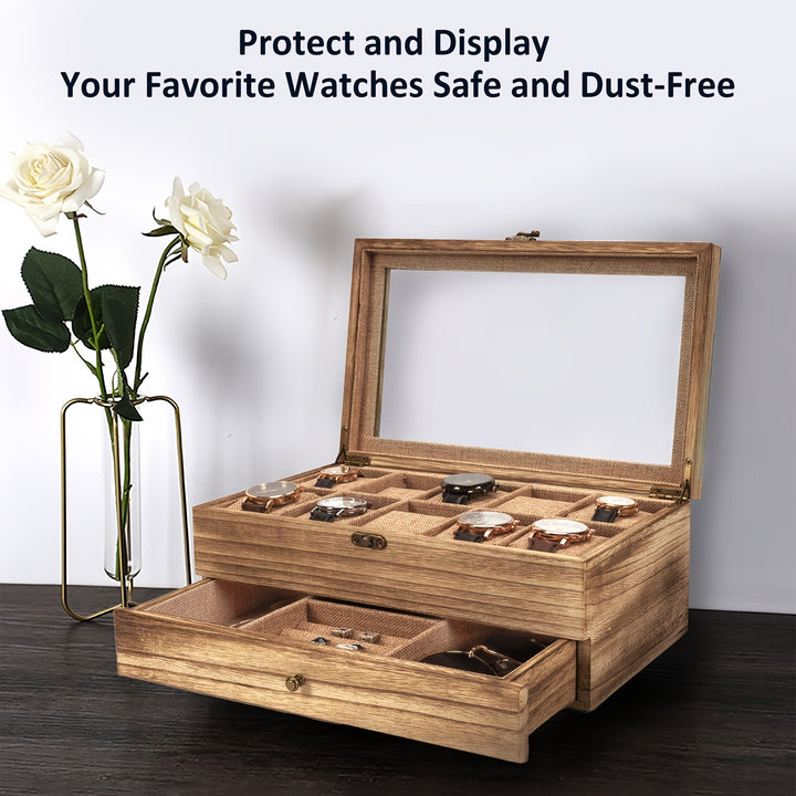 10-Slot Rustic Brown Wooden Watch Box - Large Capacity Watch Case for Men and Women, Display Organizer with Soft Velvet Interior, Perfect Gift for Boyfriend, Fathers Day, Birthday, and Anniversary