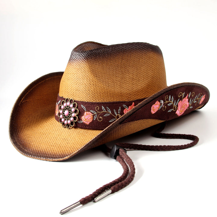 [Elegant Western Cowboy Hat] Natural Straw Western Cowboy Hat - Elegant Women's with Floral Embroidery, Sun Protection, Adjustable Drawstring, Perfect for Summer Outdoor Adventures
