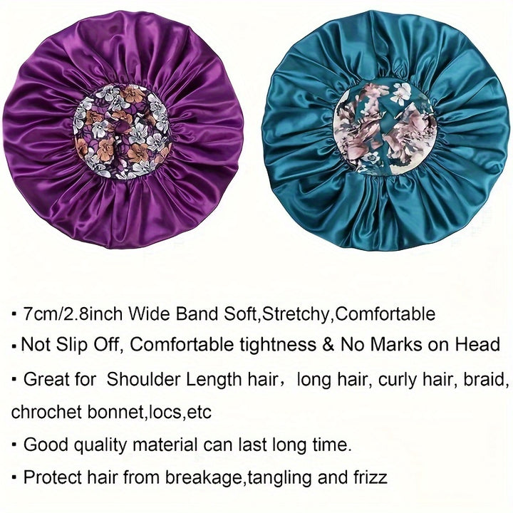 2pcs/set Oversized Satin Bonnet Flower Printed Band Imitation Silk Soft Sleeping Night Cap Elastic Lightweight Hair Bonnets For Women daily use