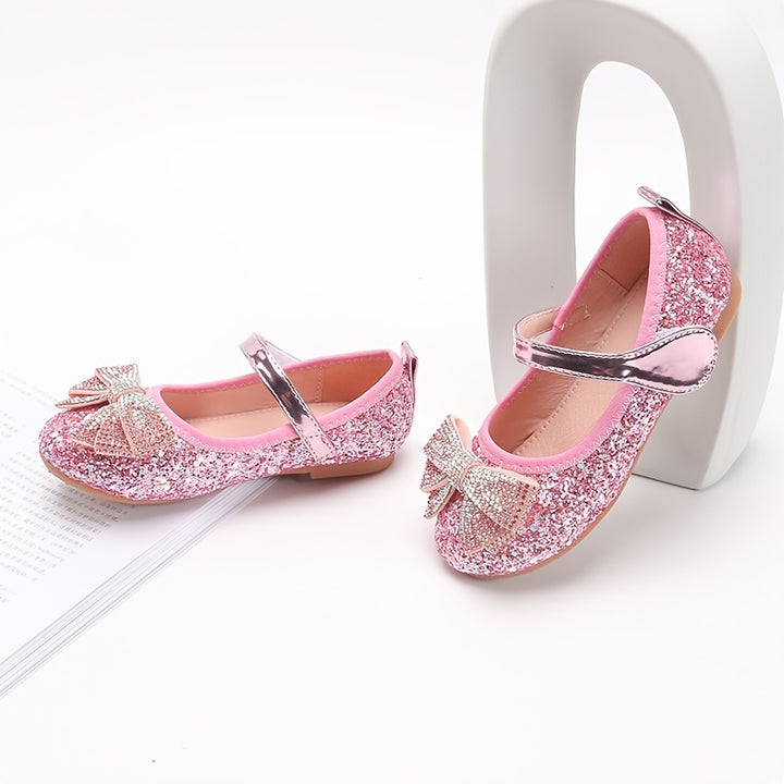 Sparkling Princess Mary Jane Ballet Flats - Soft Sole, Glitter Sequin, Rhinestone Bow Girls Shoes for Everyday Wear - Comfortable, Fashionable, and Durable