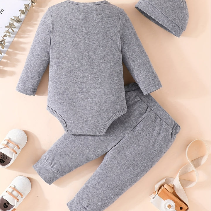 3pcs Baby Boy Long-sleeved Romper + Trousers + Hat, Casual Cotton Set