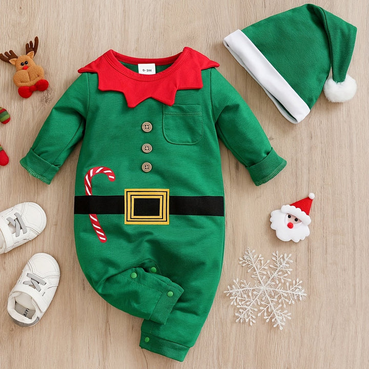Cute & Creative Christmas Style Baby Boys & Girls Jumpsuit + Hat - Spring & Autumn & Winter 2pcs