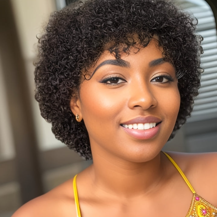 [Popular Choice] Chic Short Pixie Cut Wig - 100% Brazilian Virgin Human Hair, Afro Kinky Curly Style, 150% Density, Rose Net Cap for Women, Short Curly Wig, Rose Net Cap