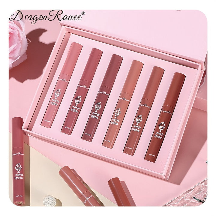 6 Pcs Lip Glaze Lipstick 6 Sets Non Stick Cup Nude Skin Color Lip Gloss Cute Set Box Long Lasting Non Stick Cup Does Not Fade Waterproof Lip Gloss Lipstick Gel, Valentine's Day Gifts For Women
