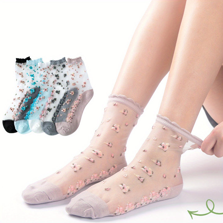 5 Pairs Lace Semi-Sheer Crew Socks, Cute & Comfortable Mesh Stockings, Women's Socks & Hosiery