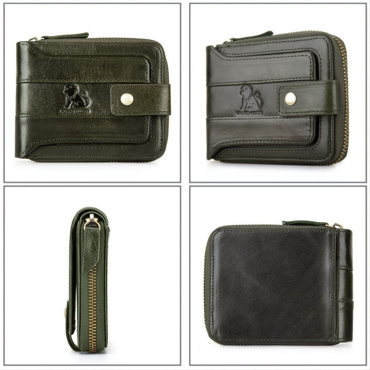Men's Retro Genuine Leather Multi-Card Wallet with Zip, Large Capacity, Anti-Theft
