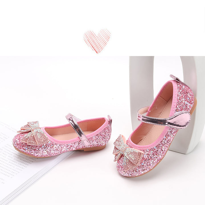 Sparkling Princess Mary Jane Ballet Flats - Soft Sole, Glitter Sequin, Rhinestone Bow Girls Shoes for Everyday Wear - Comfortable, Fashionable, and Durable