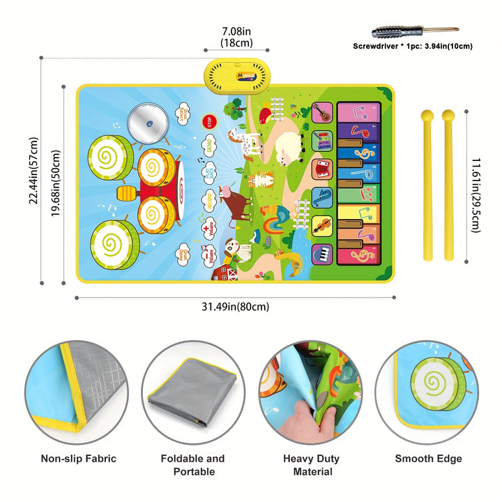 🧠 Educational & Fun.
Interactive Music Mat for Kids
Boost creativity with this musical mat featuring 8 animal sounds, a piano keyboard, and real drum play! Fun, safe & perfect for toddlers.
