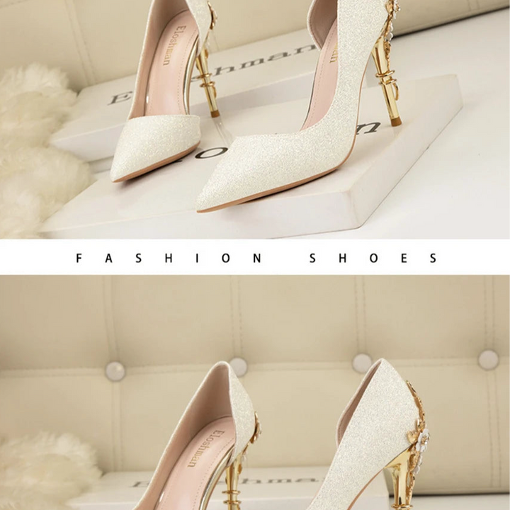 Light Luxury Sexy Women Dress Shoes 2025 Autumn Metal Flower Fashion High Heel Wedding White Pointed Sequins Shiny Female Pumps