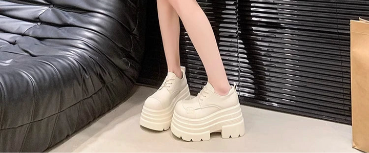 Women's Leather Sneakers New High Platform Lace-up Casual Shoes Thick Sole 10CM Heels Walking Shoes Zapatos Mujer
