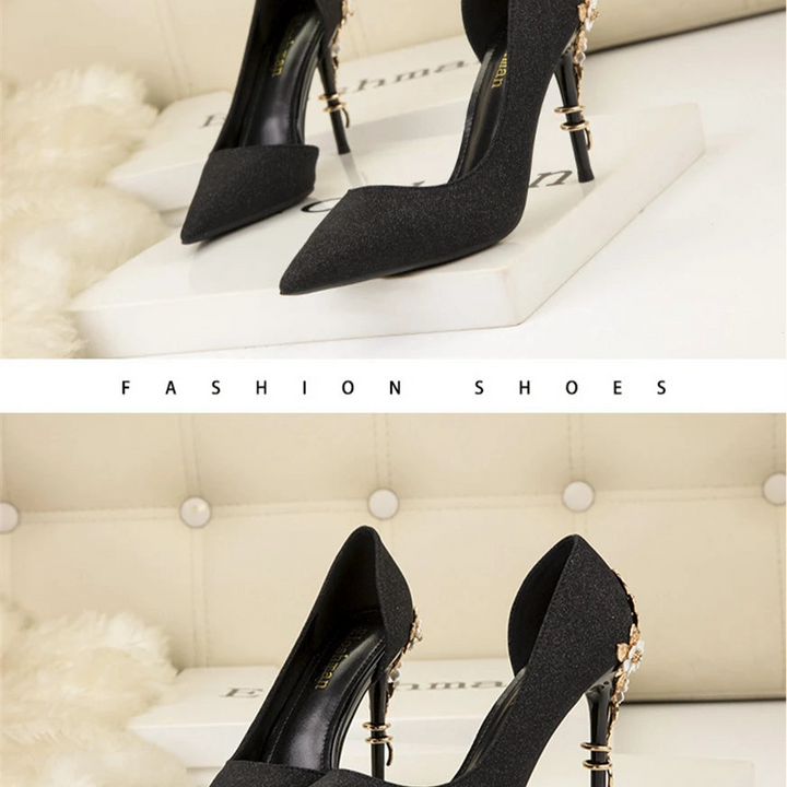 Light Luxury Sexy Women Dress Shoes 2025 Autumn Metal Flower Fashion High Heel Wedding White Pointed Sequins Shiny Female Pumps