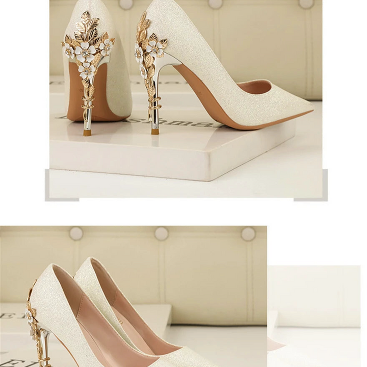 Light Luxury Sexy Women Dress Shoes 2025 Autumn Metal Flower Fashion High Heel Wedding White Pointed Sequins Shiny Female Pumps
