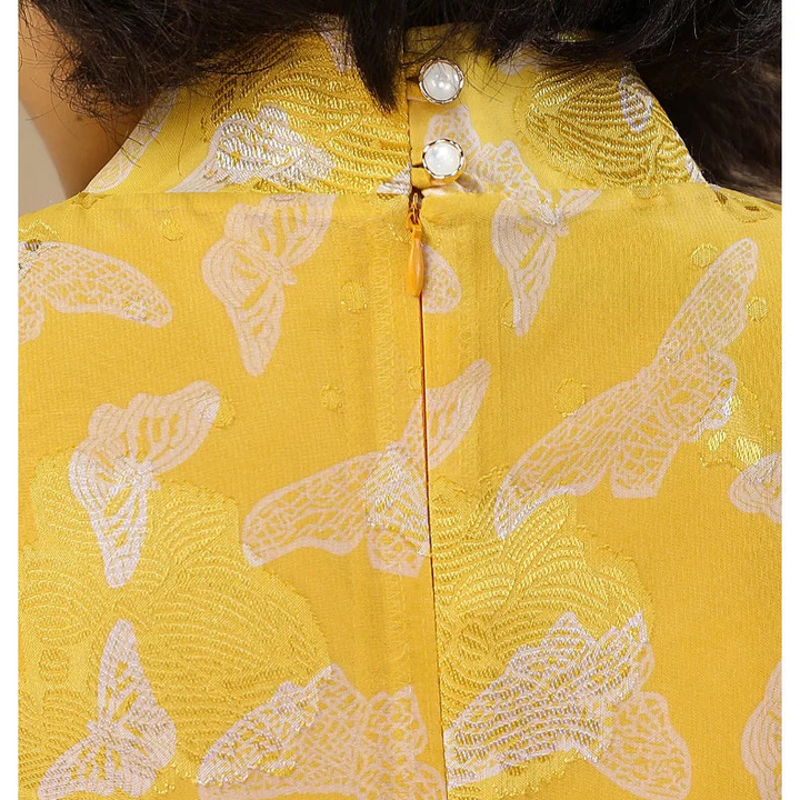 Jacquard Runway Dress Party Evening Long Sleeve Vintage Floral Yellow Long Dress Zipper Photography Occasion