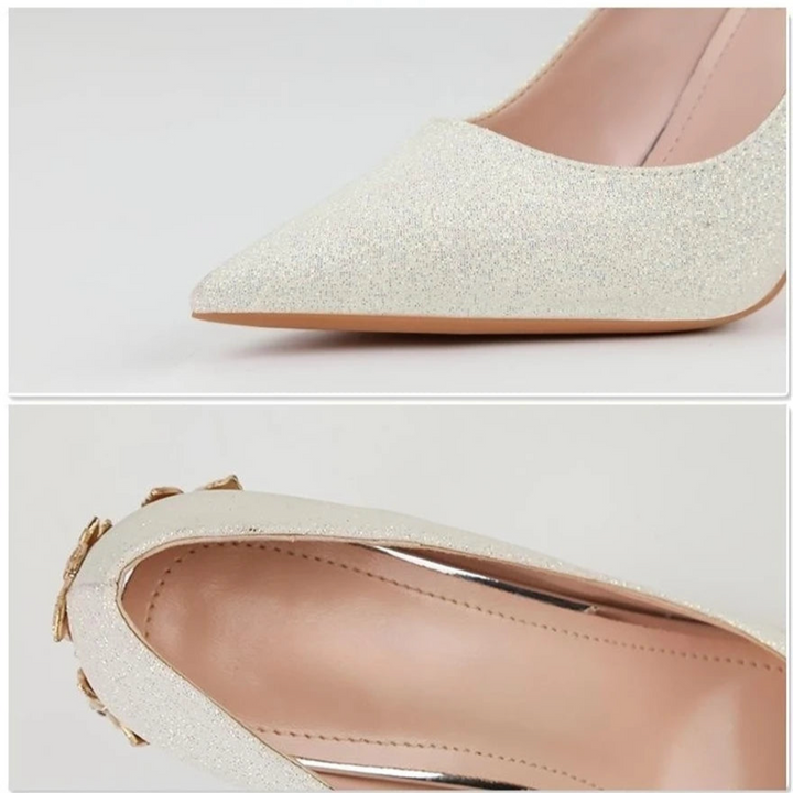 Light Luxury Sexy Women Dress Shoes 2025 Autumn Metal Flower Fashion High Heel Wedding White Pointed Sequins Shiny Female Pumps