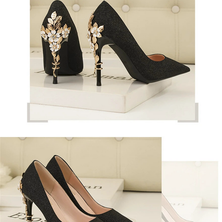 Light Luxury Sexy Women Dress Shoes 2025 Autumn Metal Flower Fashion High Heel Wedding White Pointed Sequins Shiny Female Pumps