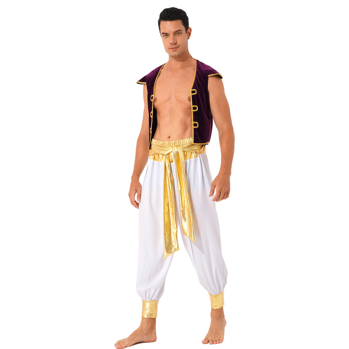 Mens Halloween Costume Mythical Arabian Prince Carnival Cosplay Party Outfit Sequin Trim Waistcoat with Belted Pants