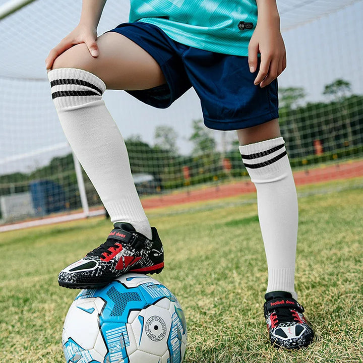 Children Football Shoes Soccer Boots Kids Boy Girl Sneakers New Leather High Top Soccer Cleats Training Outdoor Hook & Loop