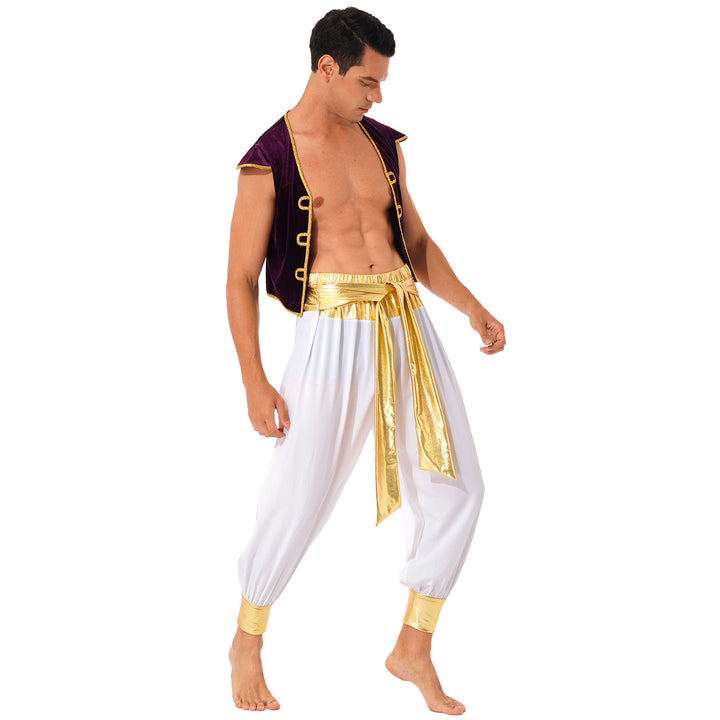 Mens Halloween Costume Mythical Arabian Prince Carnival Cosplay Party Outfit Sequin Trim Waistcoat with Belted Pants