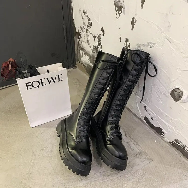 Women Motorcycle Boots Wedges Flat Shoes Woman High Heel Platform PU Leather Boots Lace Up Women Shoes Black Boots Girls2021