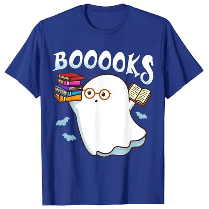 Halloween Books Librarian English Teacher Reader Ghost Reading T-Shirt Graphic Tee Shirts