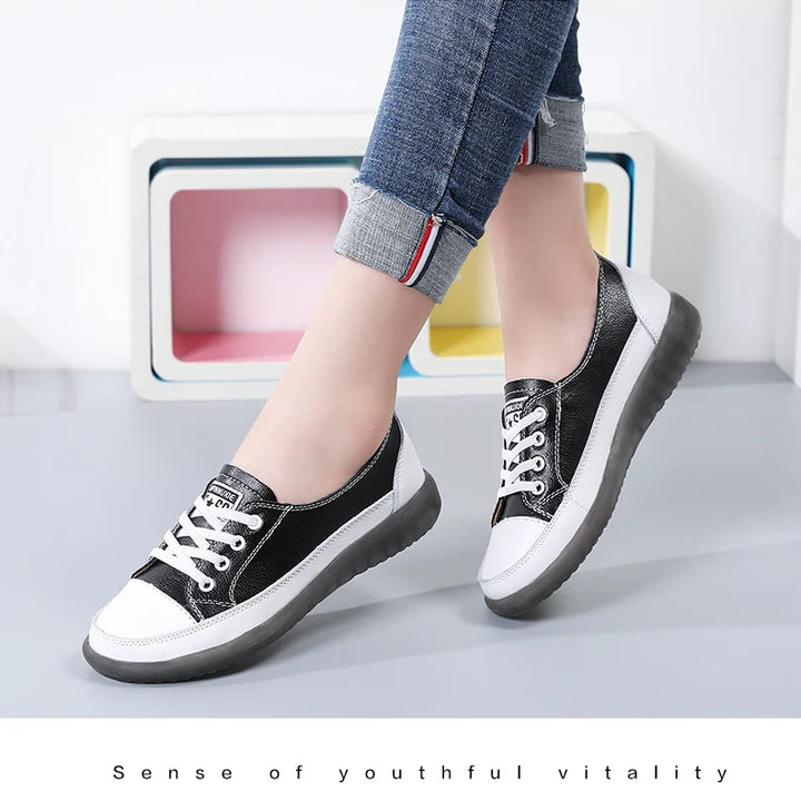 Women's Genuine Leather Sneakers Women Casual Fashionable Sports Shoes Vulcanized Woman Summer Flat Shoe Ladies White 40