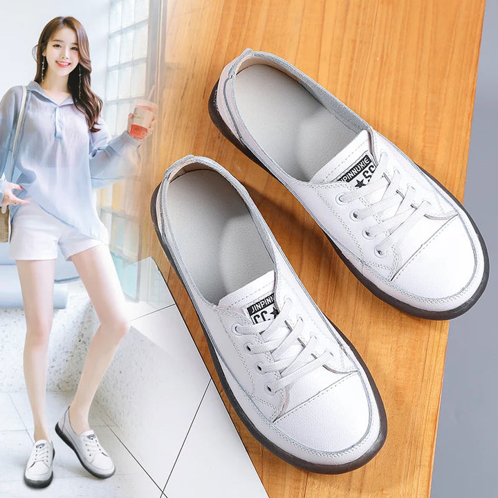 Women's Genuine Leather Sneakers Women Casual Fashionable Sports Shoes Vulcanized Woman Summer Flat Shoe Ladies White 40