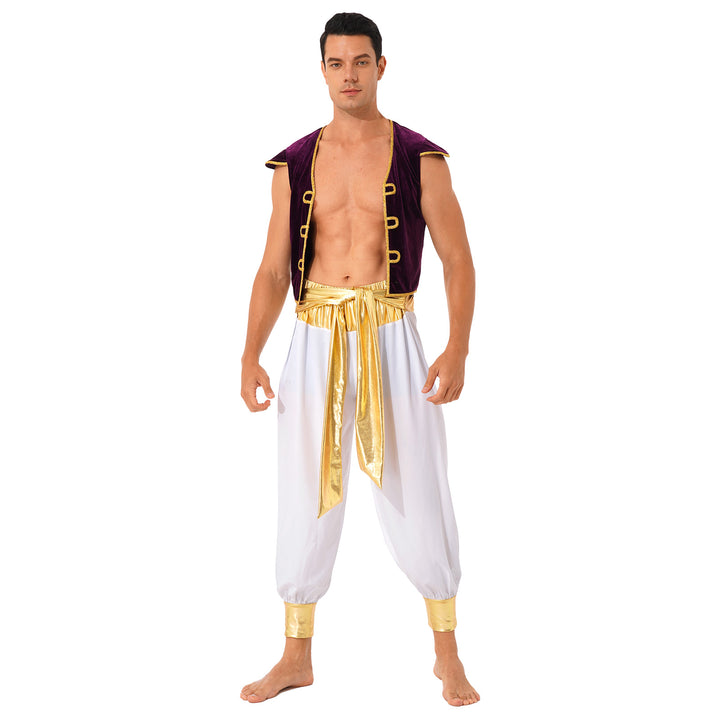 Mens Halloween Costume Mythical Arabian Prince Carnival Cosplay Party Outfit Sequin Trim Waistcoat with Belted Pants