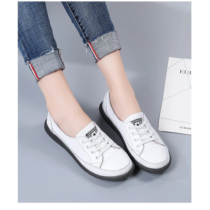 Women's Genuine Leather Sneakers Women Casual Fashionable Sports Shoes Vulcanized Woman Summer Flat Shoe Ladies White 40