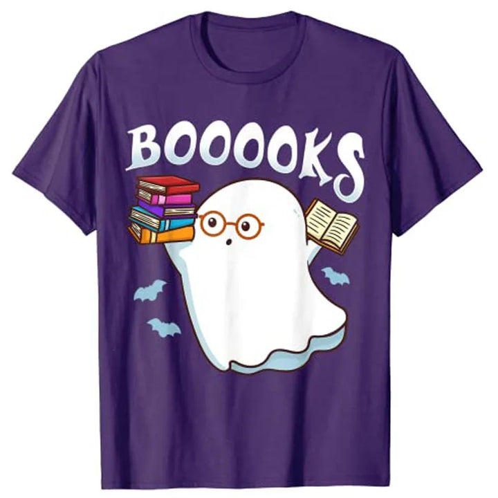 Halloween Books Librarian English Teacher Reader Ghost Reading T-Shirt Graphic Tee Shirts