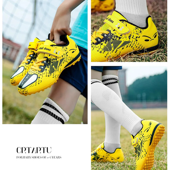 Children Football Shoes Soccer Boots Kids Boy Girl Sneakers New Leather High Top Soccer Cleats Training Outdoor Hook & Loop