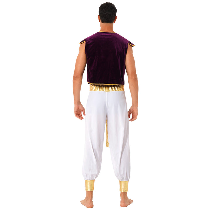 Mens Halloween Costume Mythical Arabian Prince Carnival Cosplay Party Outfit Sequin Trim Waistcoat with Belted Pants
