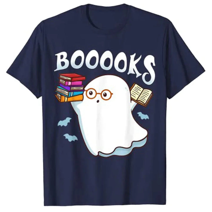 Halloween Books Librarian English Teacher Reader Ghost Reading T-Shirt Graphic Tee Shirts