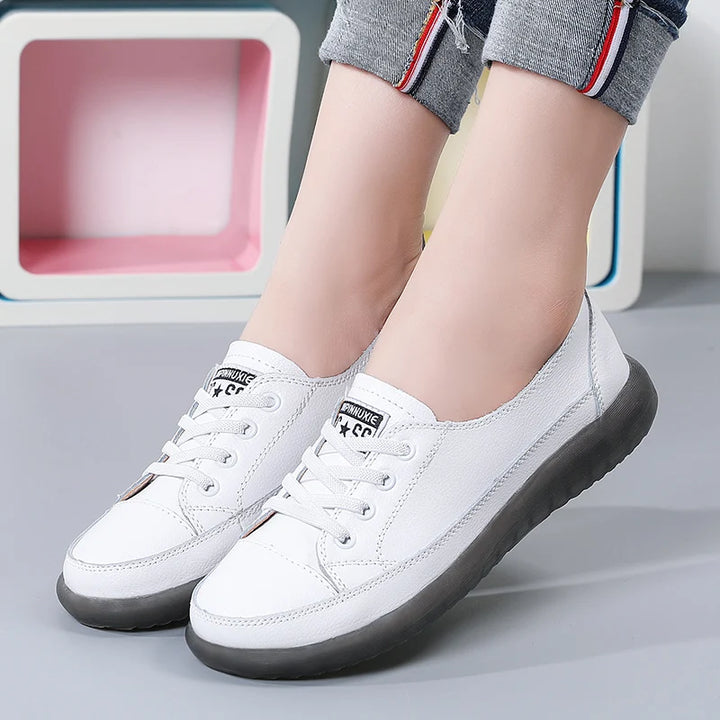 Women's Genuine Leather Sneakers Women Casual Fashionable Sports Shoes Vulcanized Woman Summer Flat Shoe Ladies White 40