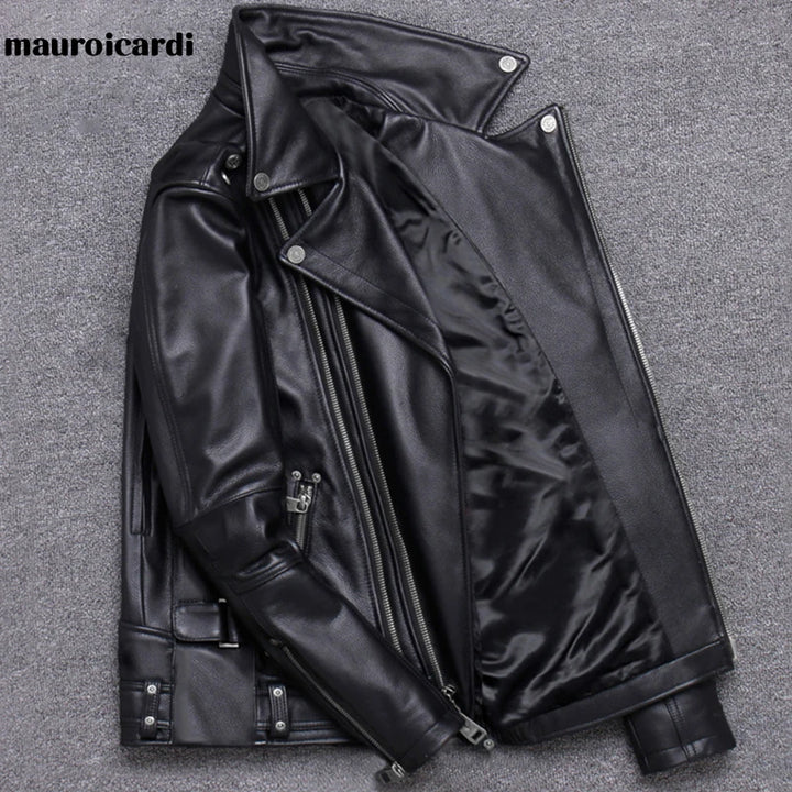 Mauroicardi Spring Black Pu Leather Motorcycle Jacket for Men Style Long Sleeve Zipper Pockets Mens Leather Jackets and Coats